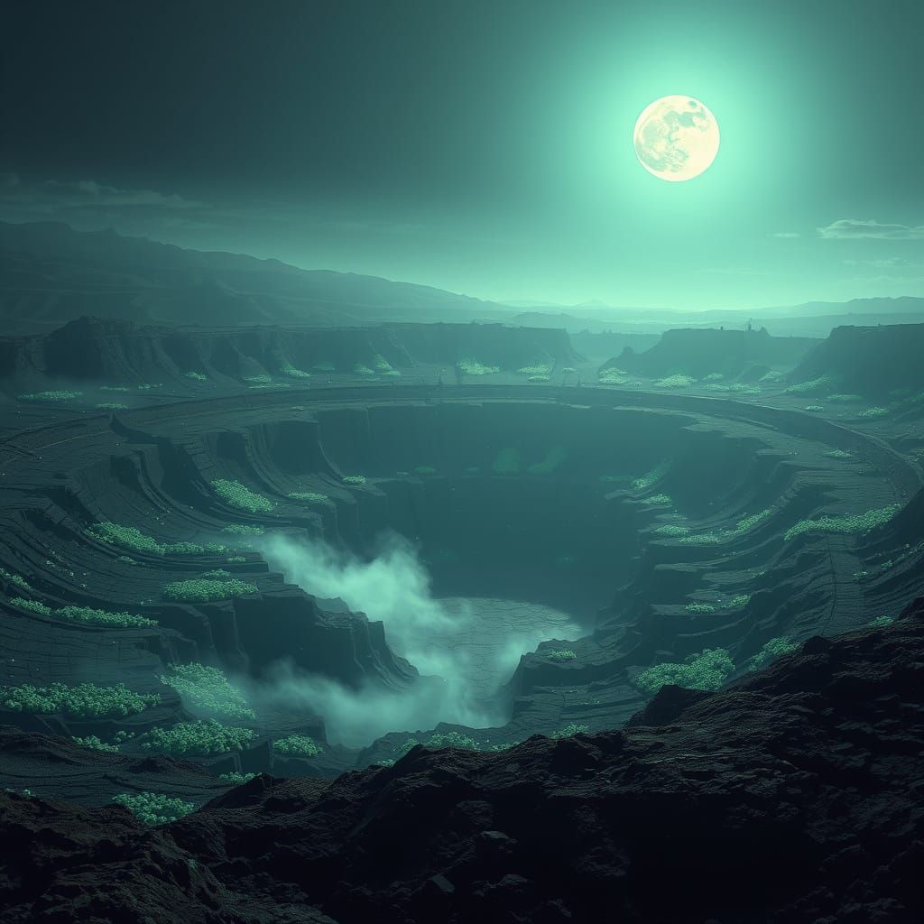 Ancient Nuclear Crater With Alien Flora Under Moonlight