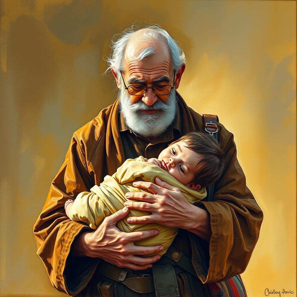 Gentle Grandfather with Baby in Gouache Impressionism