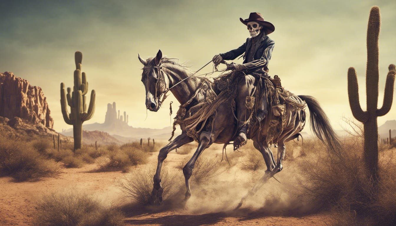 Skeleton Cowboy on Horse in Desert Landscape