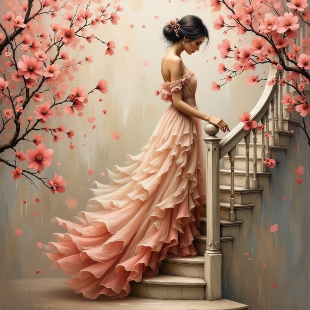 Elegant Woman Descending Stairs in Impressionist Oil Style