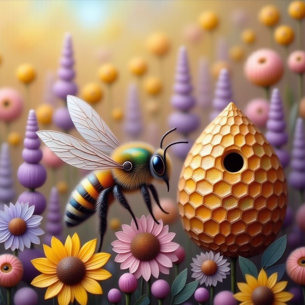 Whimsical Realistic Bee in a Vibrant Hive Scene