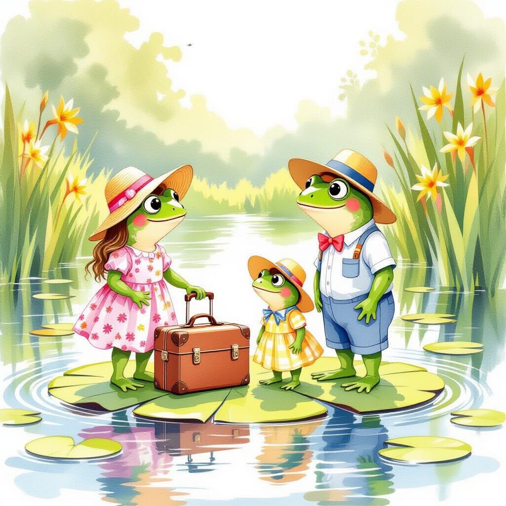 Frog Family's Summer Vacation in Watercolor Style