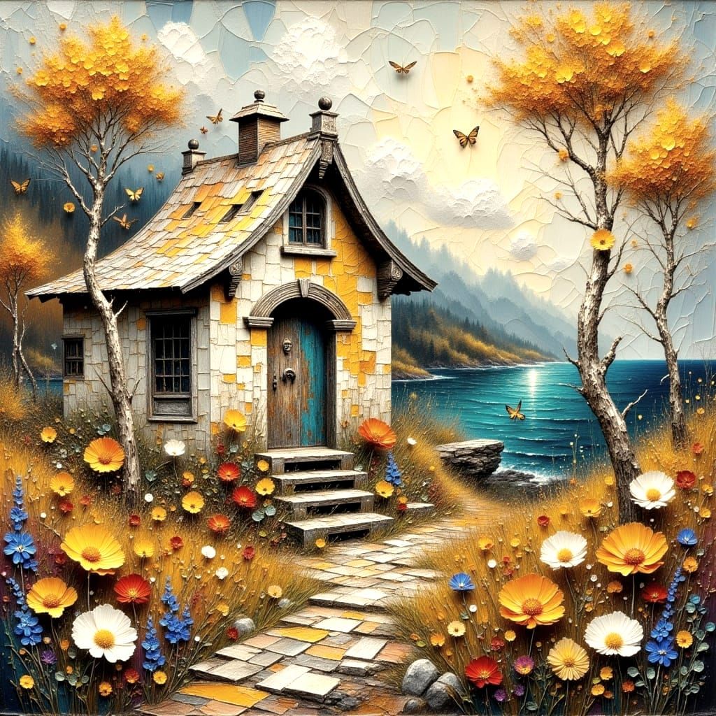 Autumn Villages on the Ocean Cliffs in Vibrant Impasto