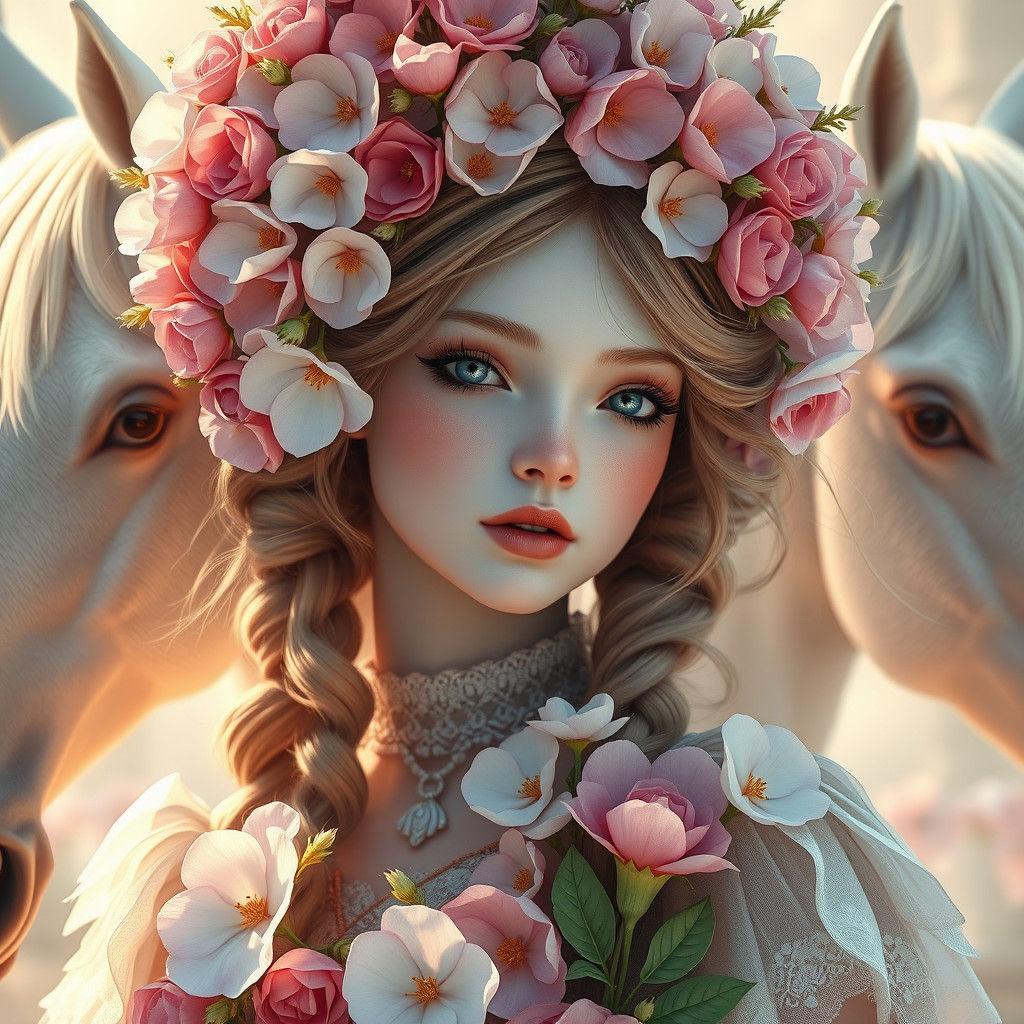 Fantasy Flower Girl with Horses in Ethereal Setting