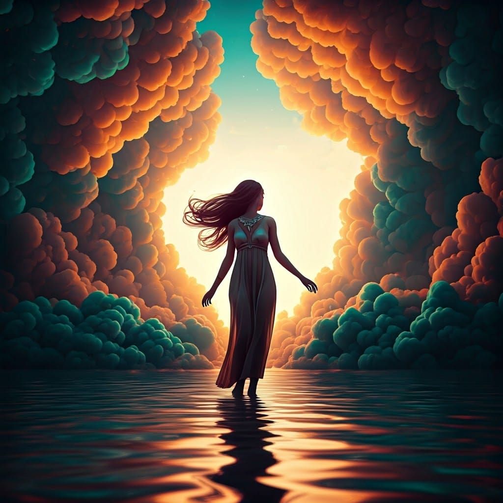 Surreal Woman in Ethereal Glow with Vibrant Clouds