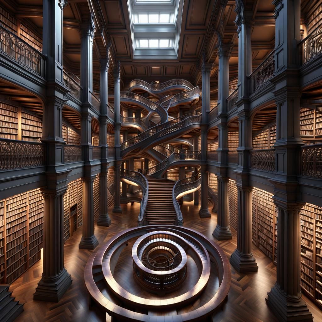 Infinite Cyberpunk Library with Escher-Style Staircases