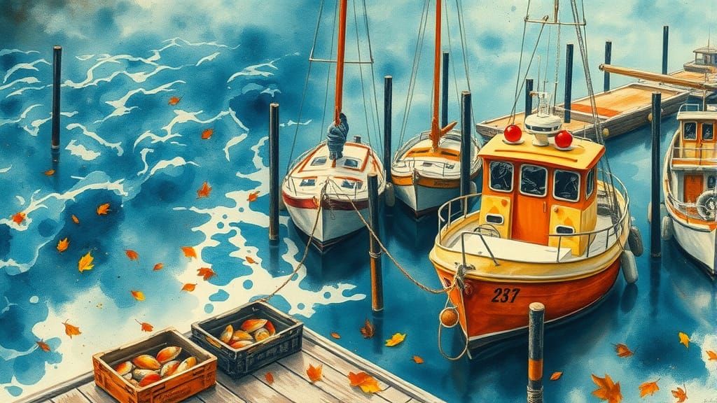 Autumn Harbor Scene with Boats and Fish Crates