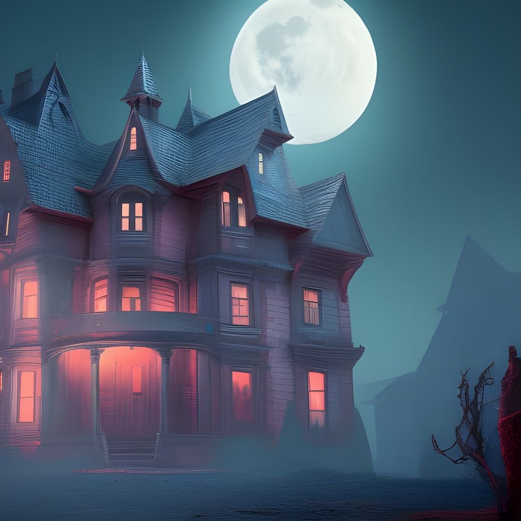Ghostly Apparition at Haunted House, Detailed Matte Painting