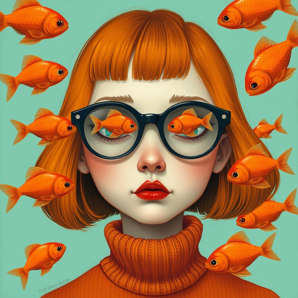 Girl with Fishbowl Glasses: Whimsical Digital Art