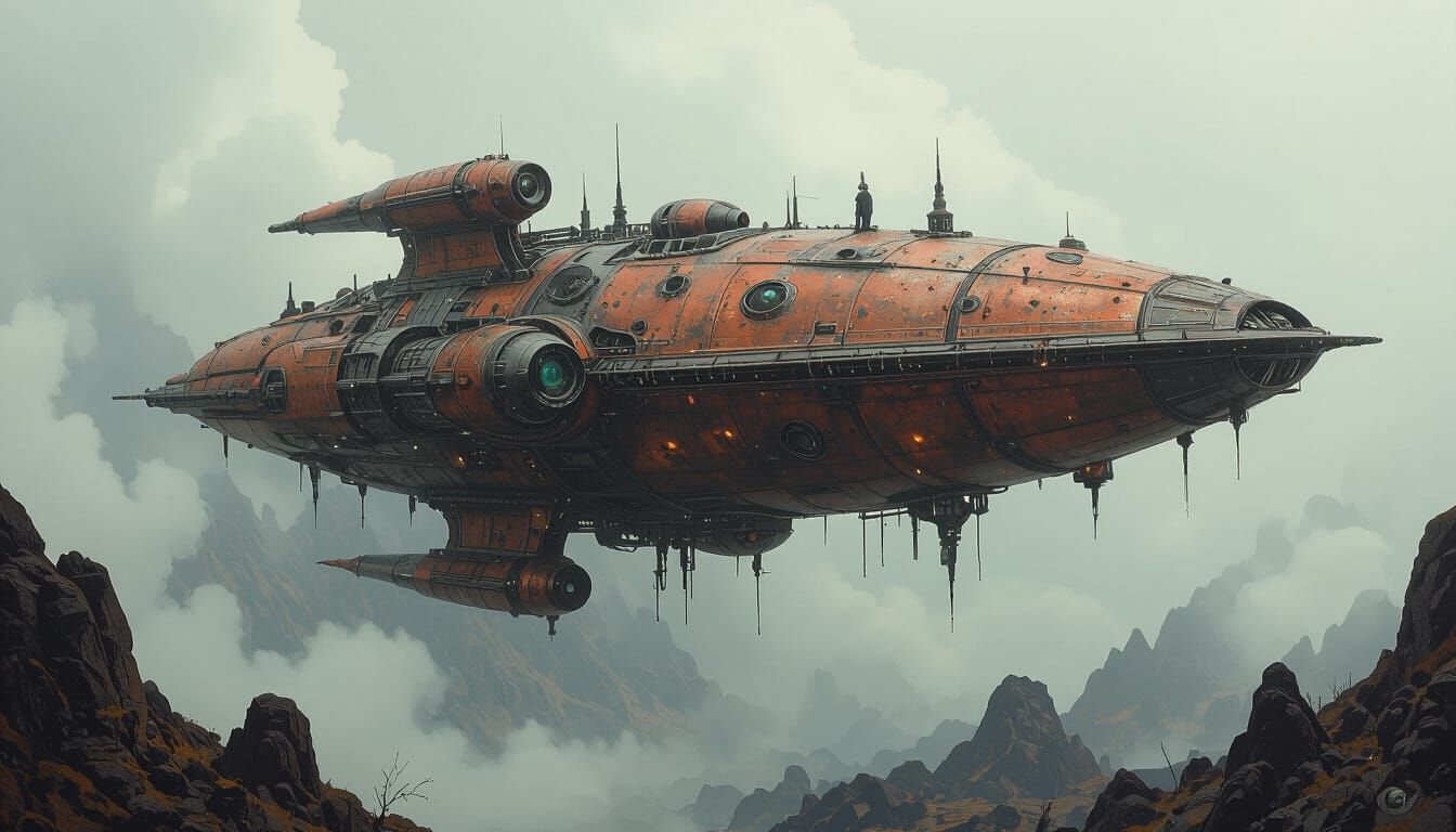 Gothic Starship Warping Through Space-Time