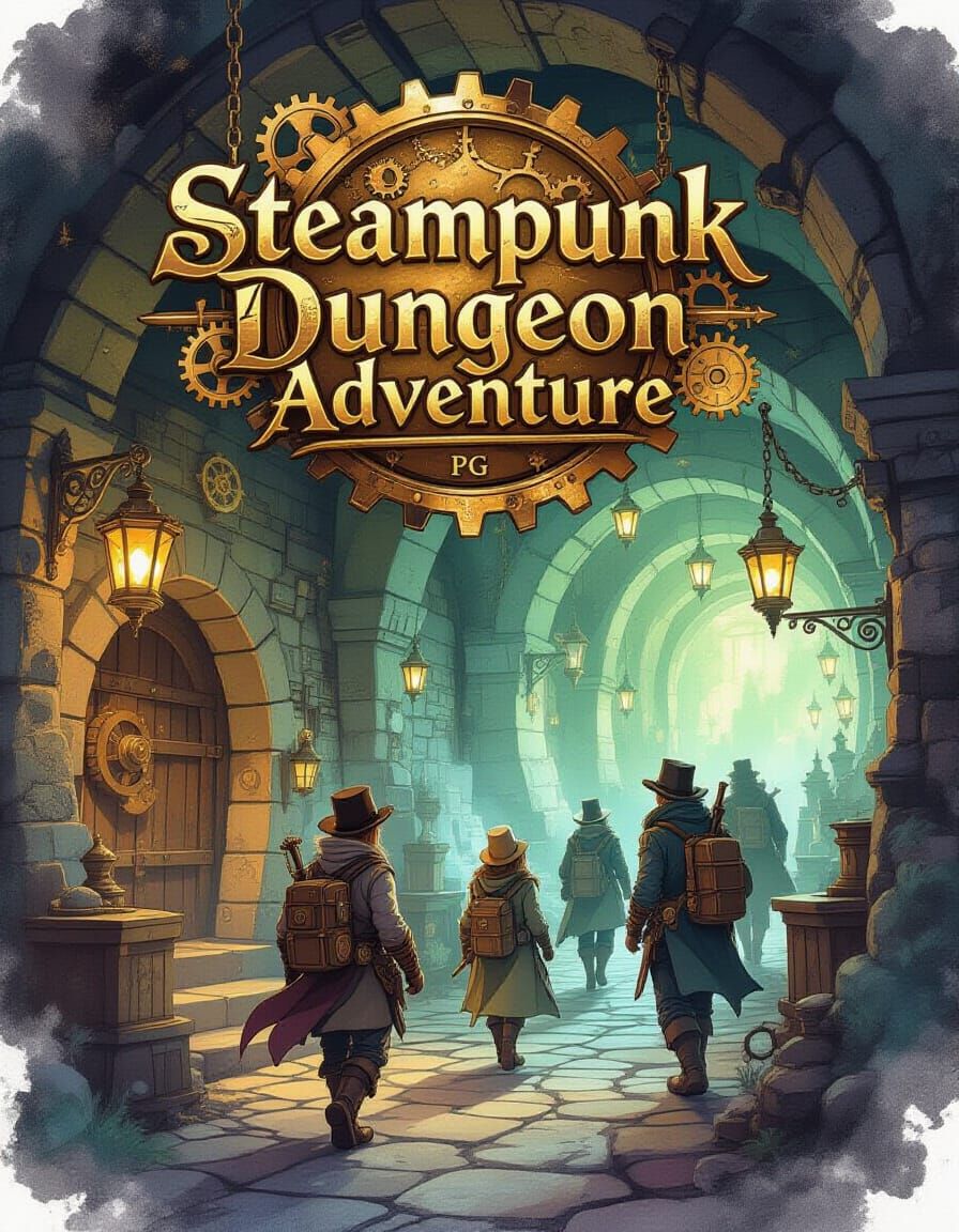 Steampunk Dungeon Adventure Game Cover as Oil Painting