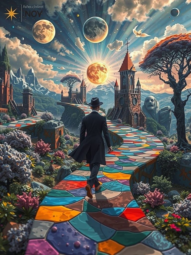 Mysterious figure in dark suit, bowler hat, and textured coat, walking down a surreal, winding path, surrounded by vibra...