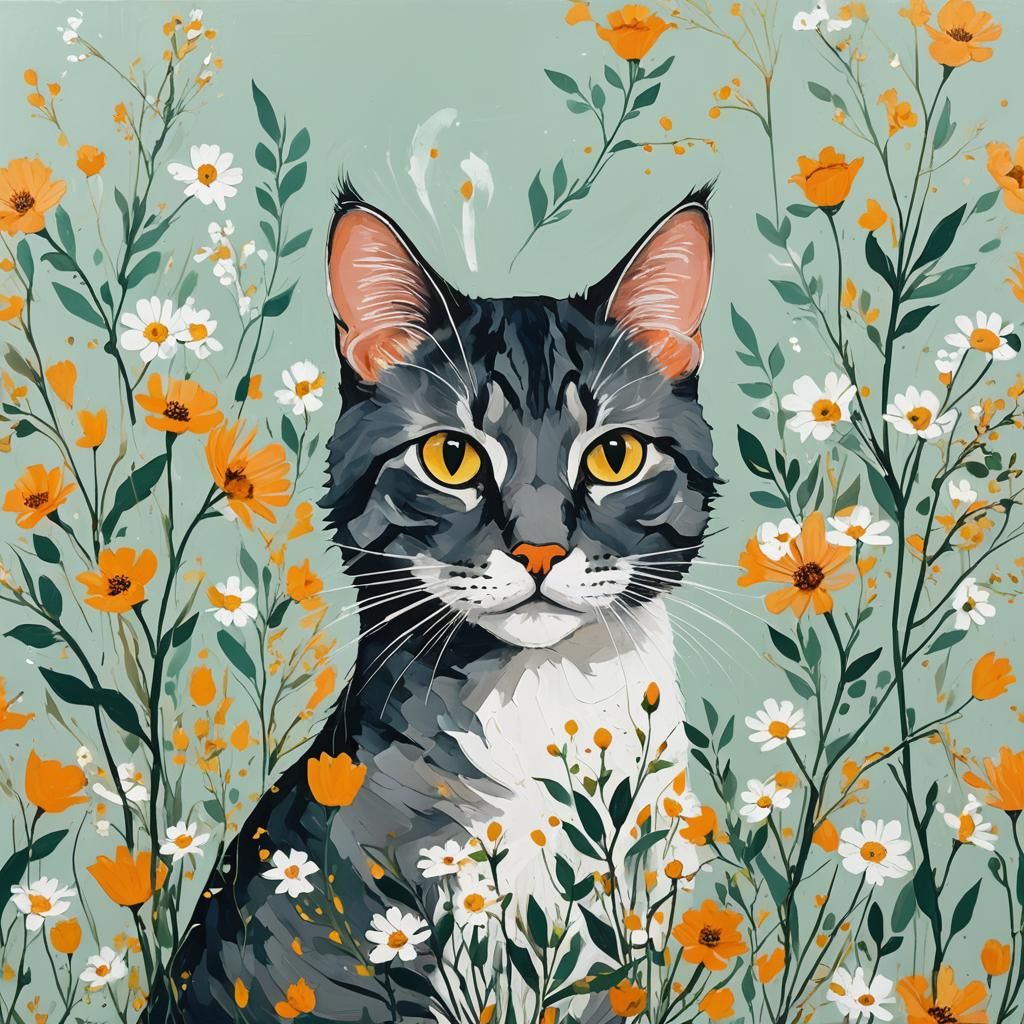 Abstract Minimalist Painting of Blooming Cat