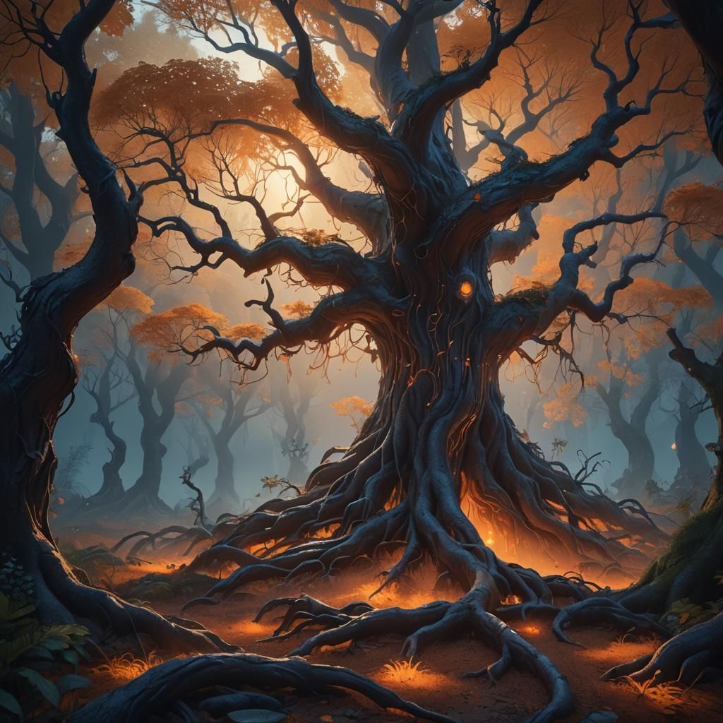 Mystical Orange Forest at Dusk in Fantasy Art Style