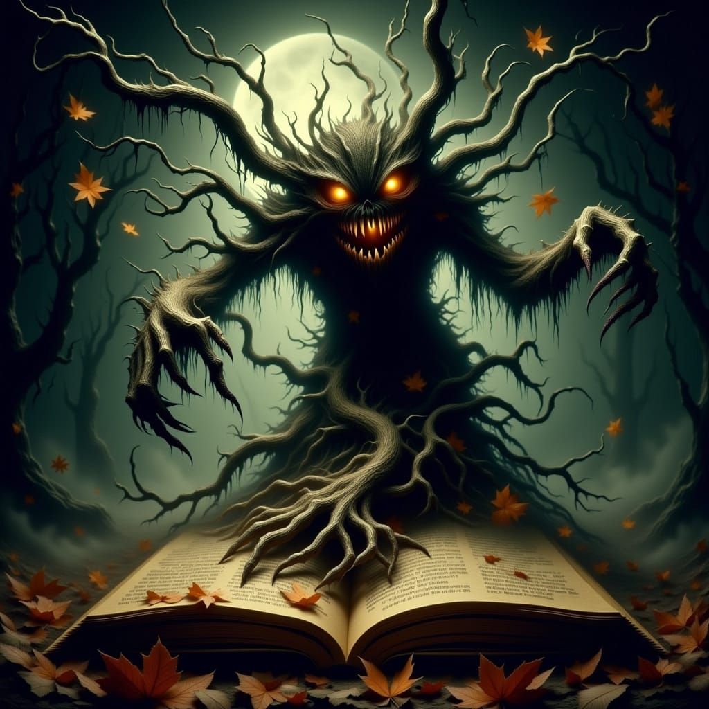 Magical Book with Evil Halloween Tree and Monster