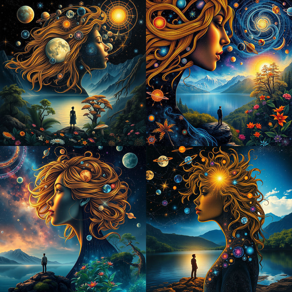 Celestial Woman Profile in Hyper-Realistic Zentangle Style