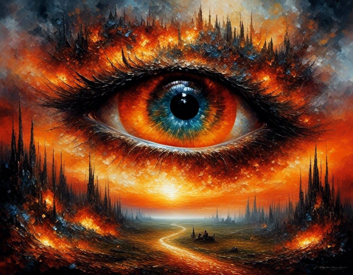 Fiery Landscape Under Watchful Eye, Impasto Style