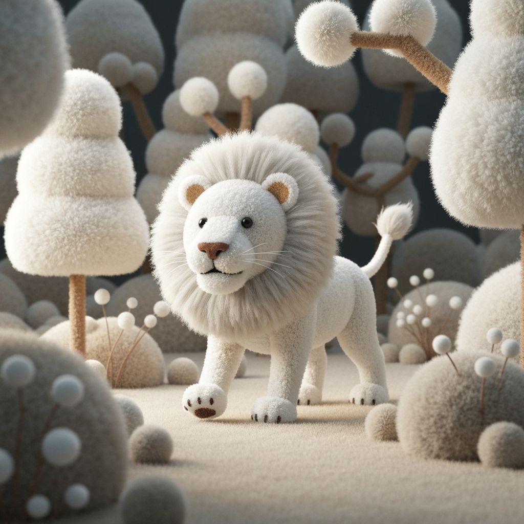 Fluffy Pom Pom Lion in Whimsical Forest