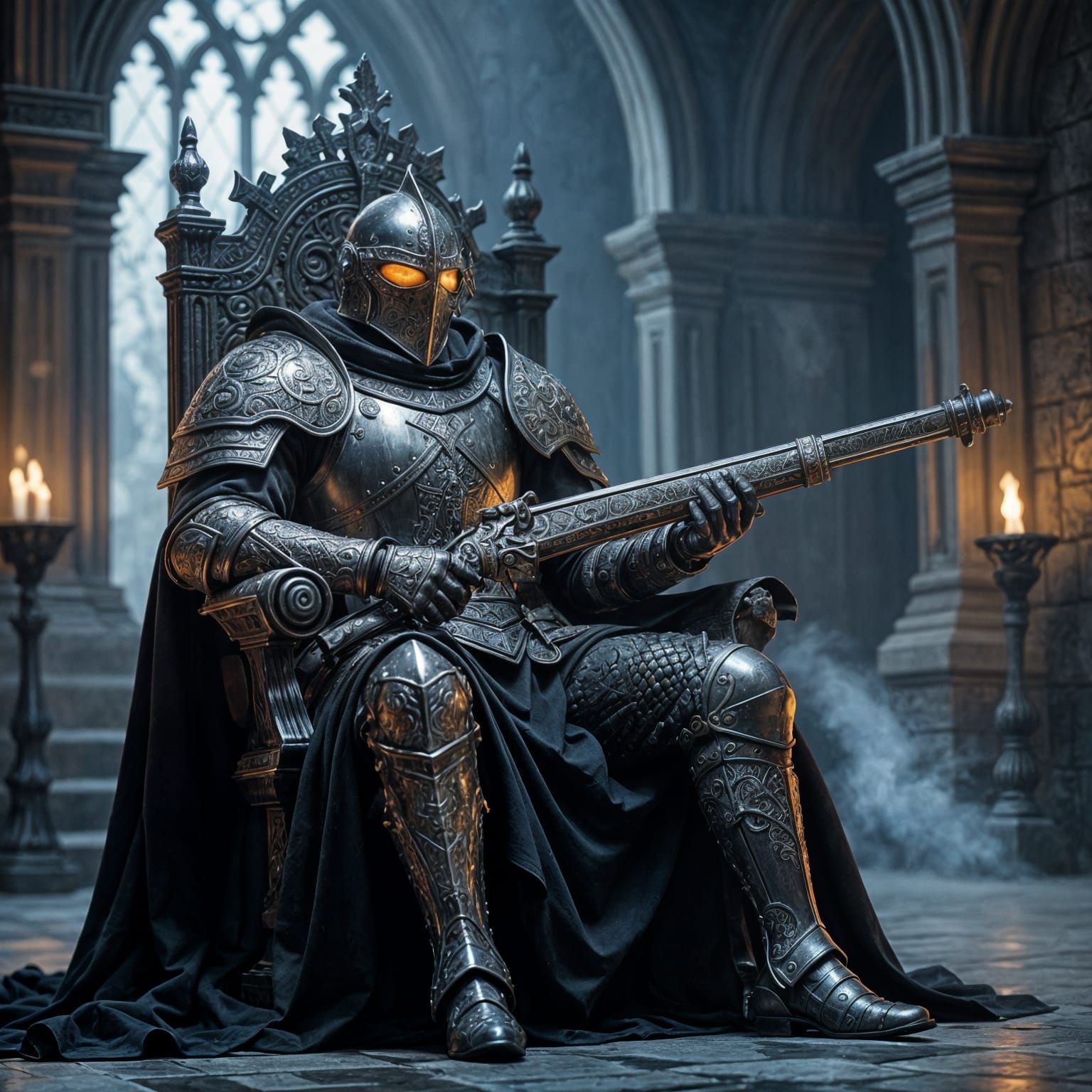 Knight on Throne with Musket in Gothic Hall