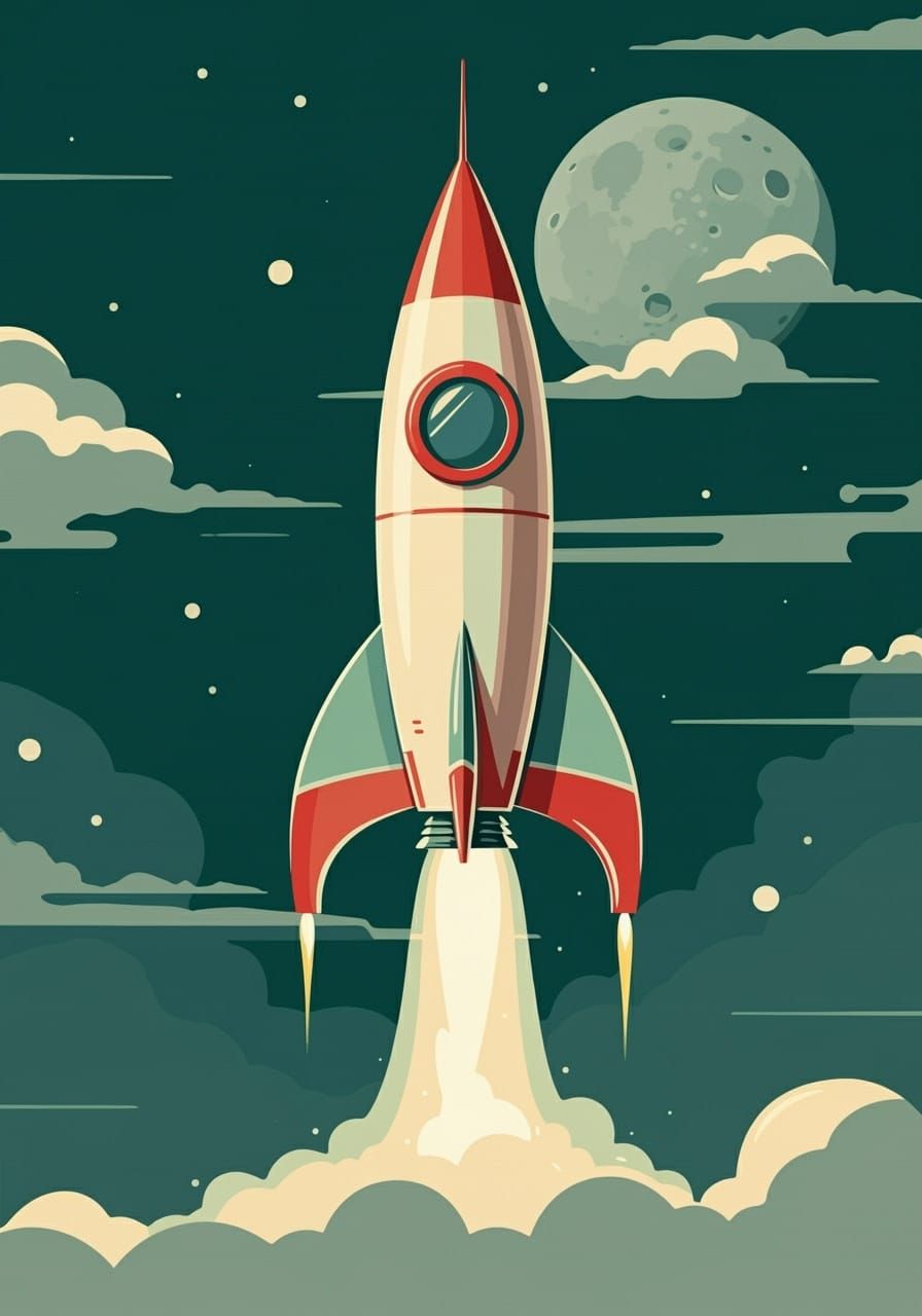 Retro-Futuristic Rocket Blasts Off into Space