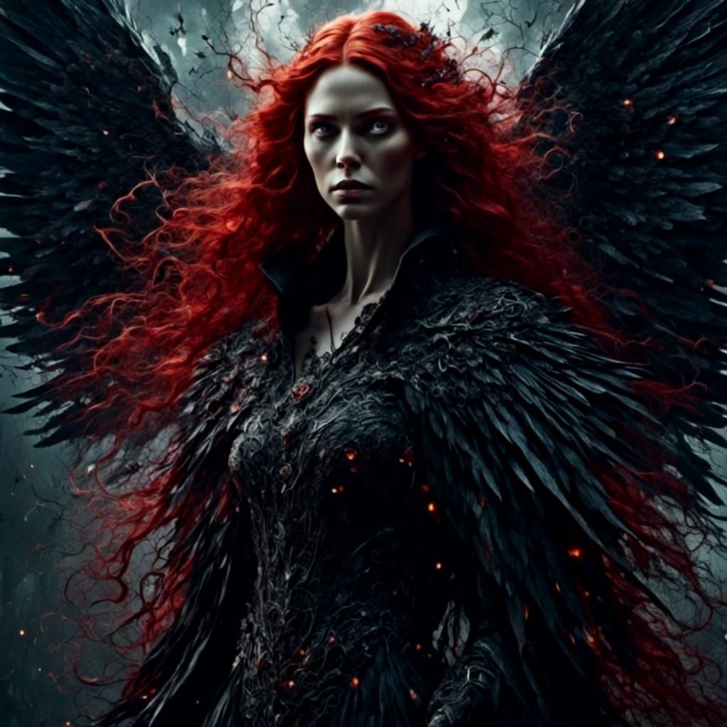 Dark Fantasy Fairy with Black Wings and Red Hair