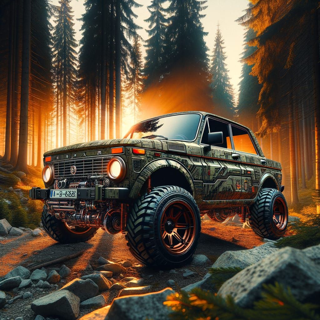 Camouflaged Lada Niva in a Futuristic Forest Sunset