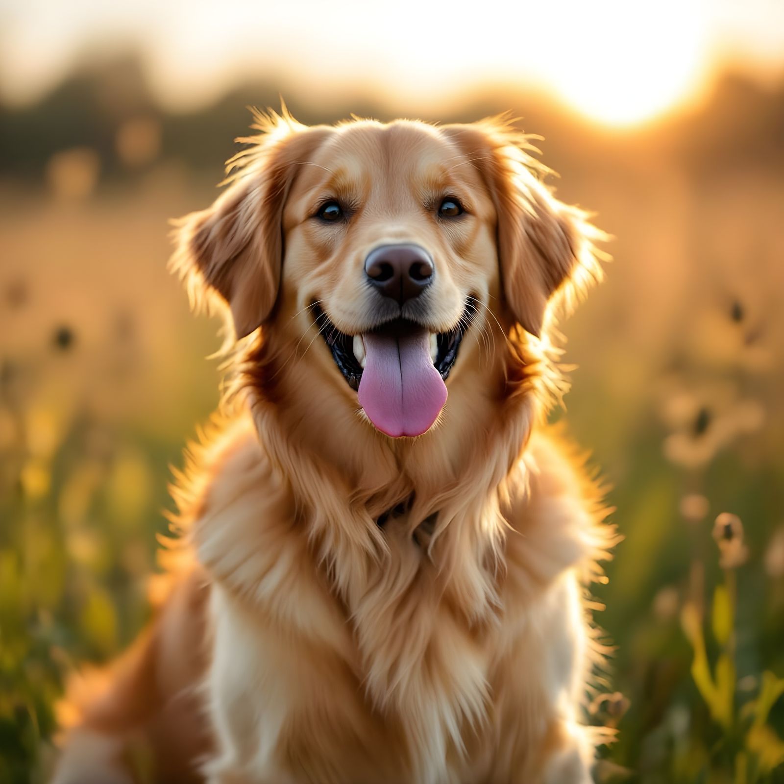 Silly Golden Retriever in Golden Hour Meadow