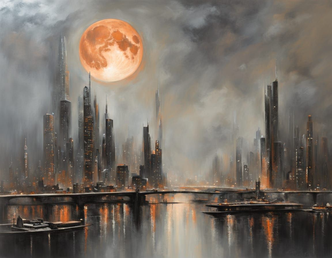 Futuristic Cityscape in Fog, Oil on Canvas