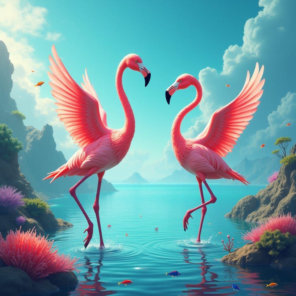 Elegant Flamingos Dance Amidst Vibrant Oceanic Splendor in F...