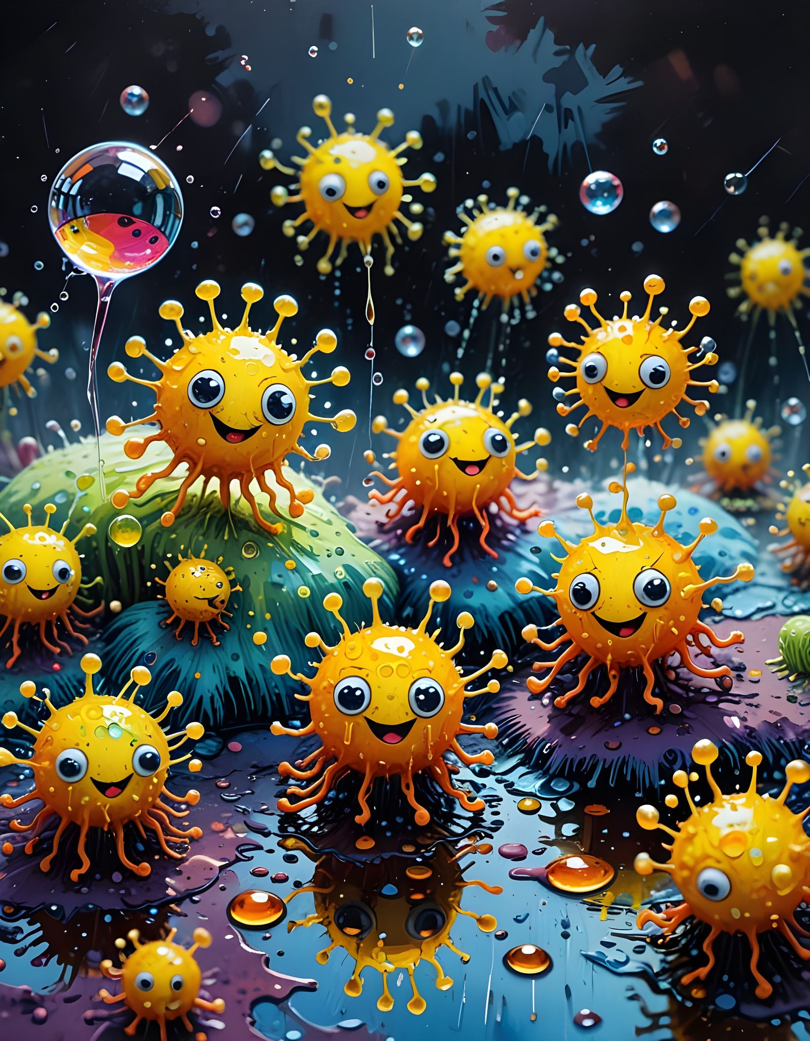 Steampunk Microbes Dancing in Vibrant Colors