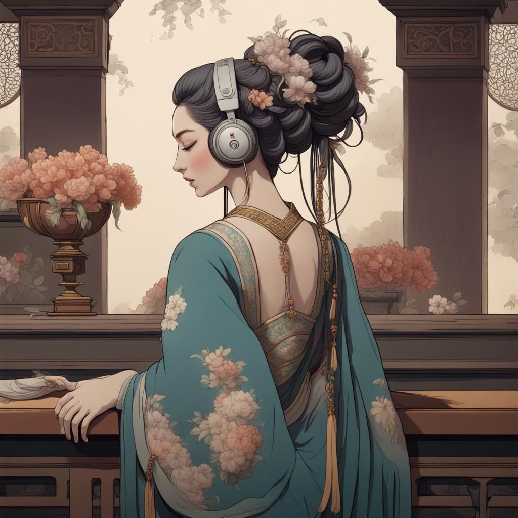 Woman with Headphones in 8th Century Silk Style