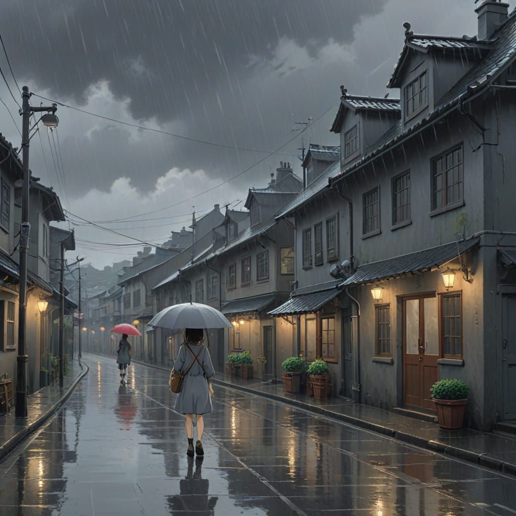 Misty Ghibli Landscape in a Rainy Grey Day