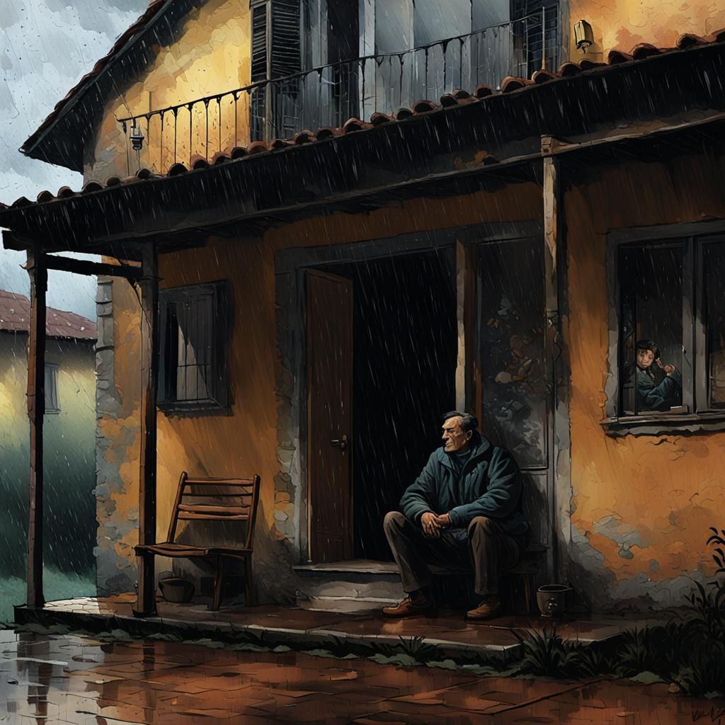 Rainy Italian Porch in Muted Comic Book Style