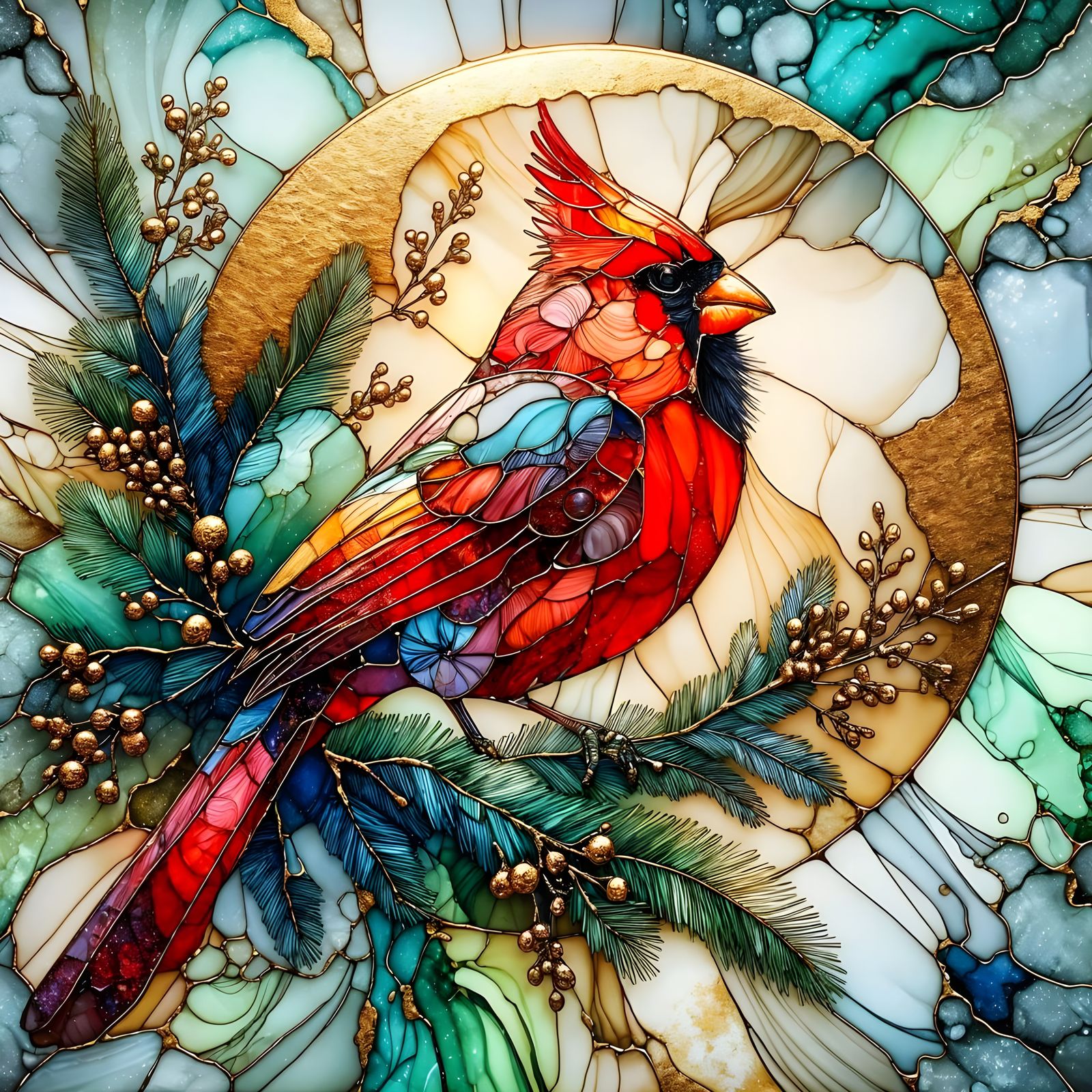 Surreal Cardinal Perched in Evergreen Tree with Stained Glas...