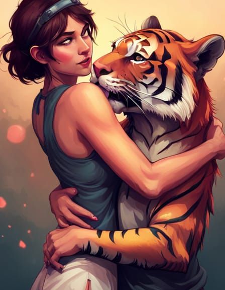 Drunk Girl Hugging Confused Tiger Portrait