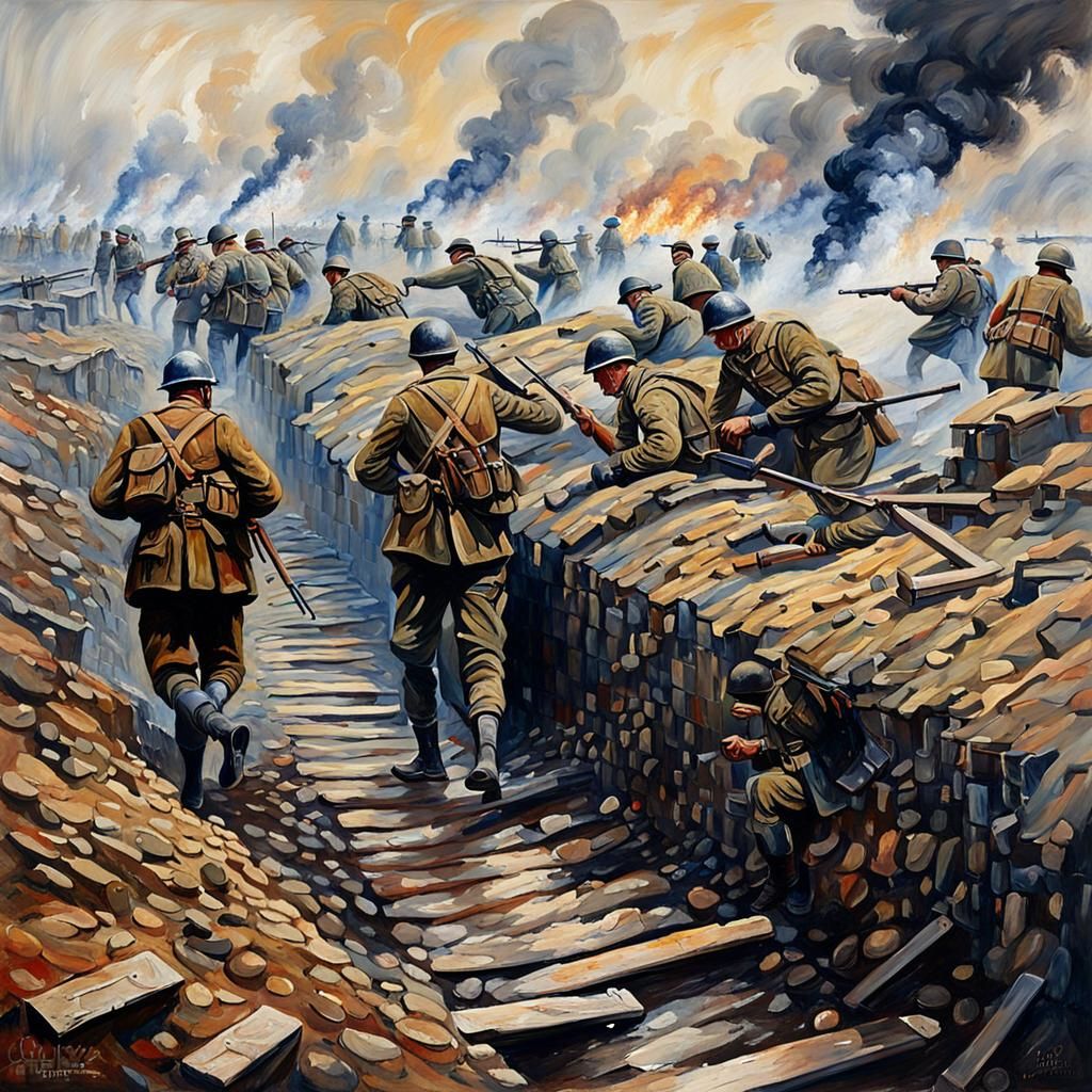 British Soldiers Defend Trench: Gritty Oil Painting