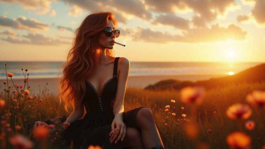 Redhead Smoking at Sunset in Art Nouveau Style