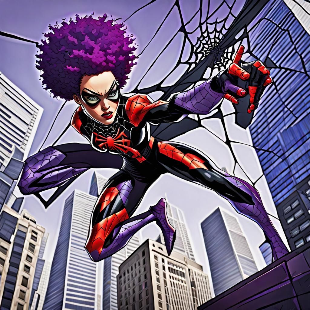 Spider Superheroine with Afro in Detailed Comic Style
