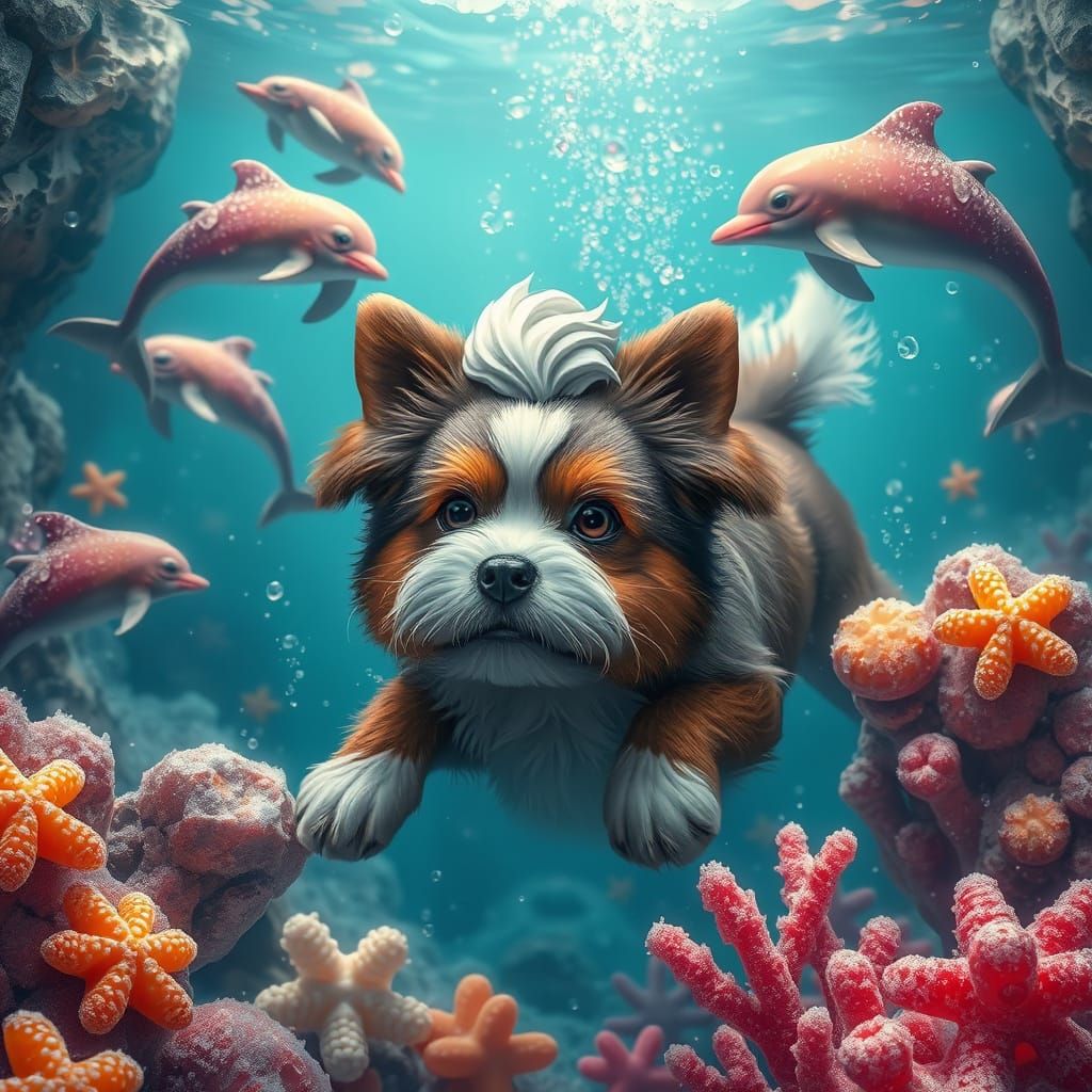 Dog Swims in Soda Sea with Candy Dolphins