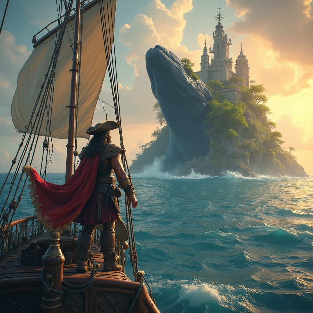 Majestic Pirate Ship Sails Beside Whale Island in Dreamlike....