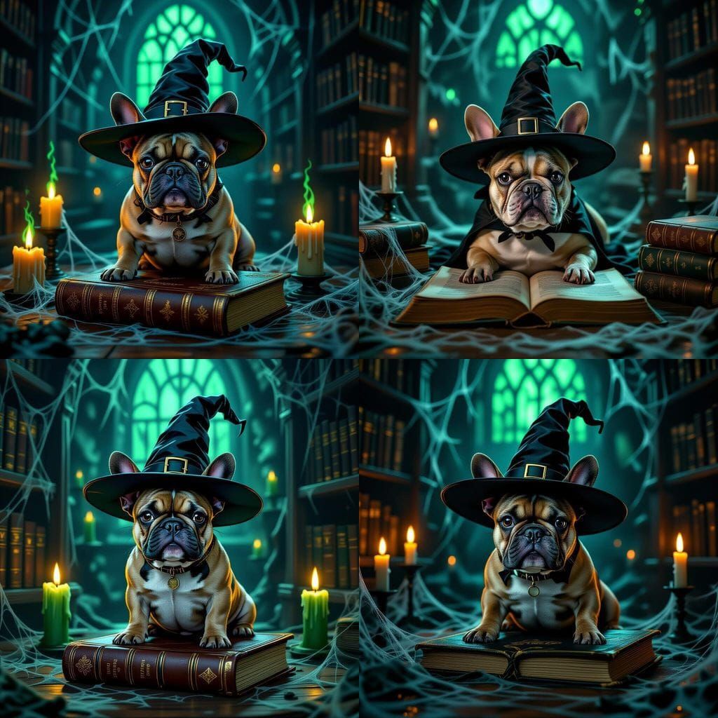 Spooky French Bulldog on Spell Book in Haunted Library