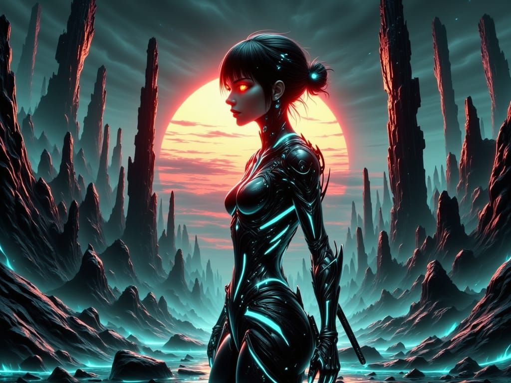 Cyborg Samurai on Alien Ruins with Binary Sunset