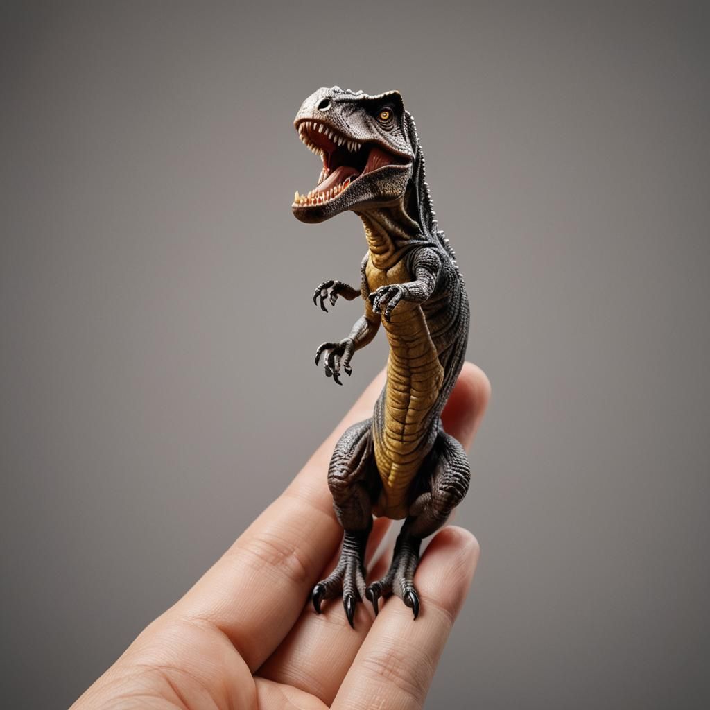 Realistic Miniature T-Rex on Finger in Macro Photography