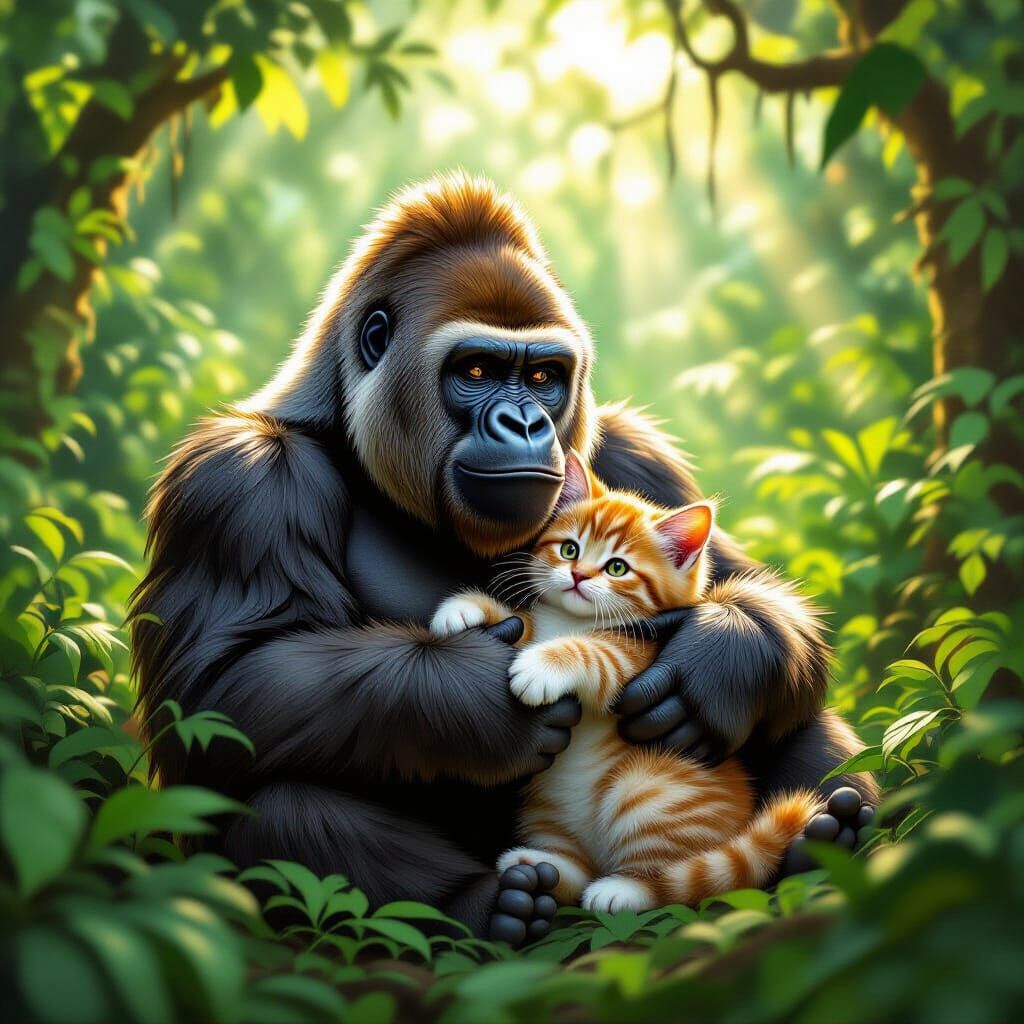 Gorilla in Kitten Costume in Vibrant Jungle