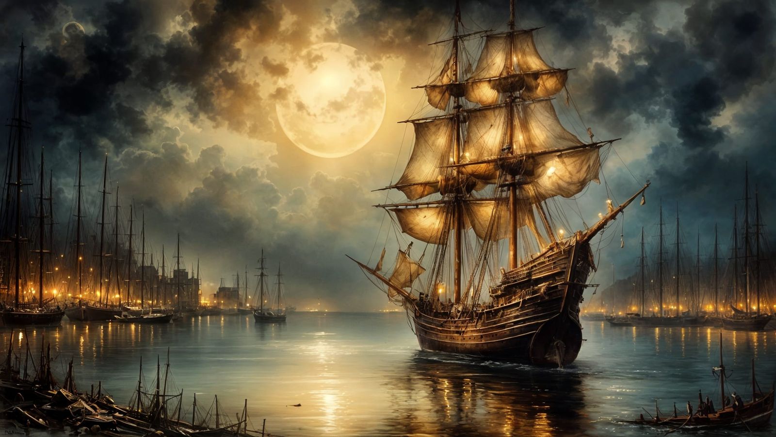 Antique Watercolor Caravels Under the Moonlit Sea