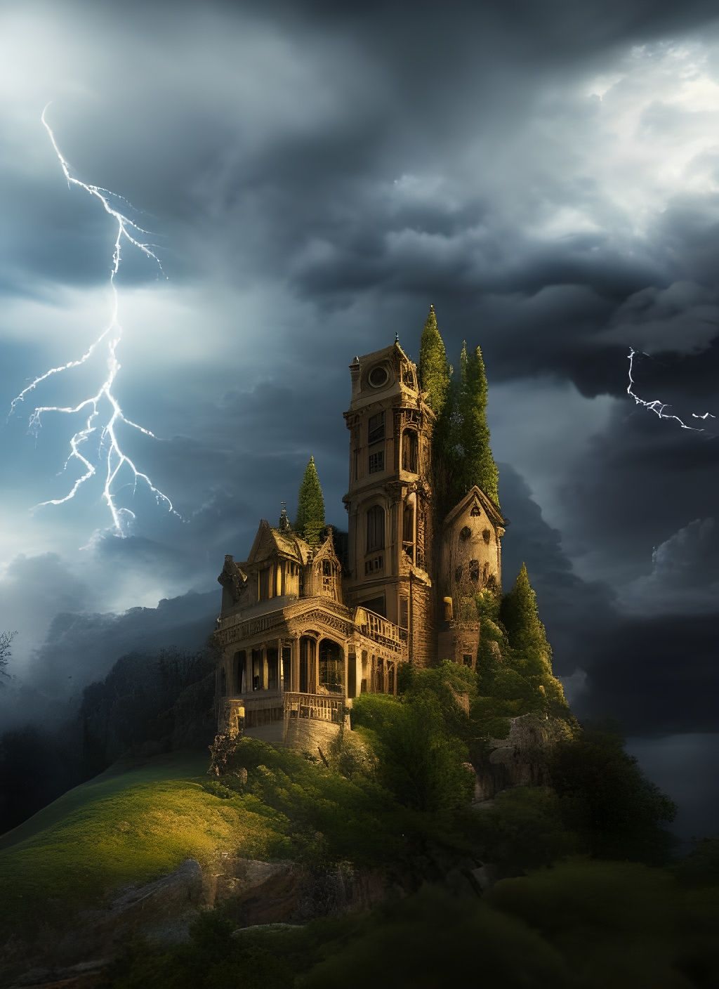 Gothic Mansion in Stormy Landscape: Digital Matte Painting