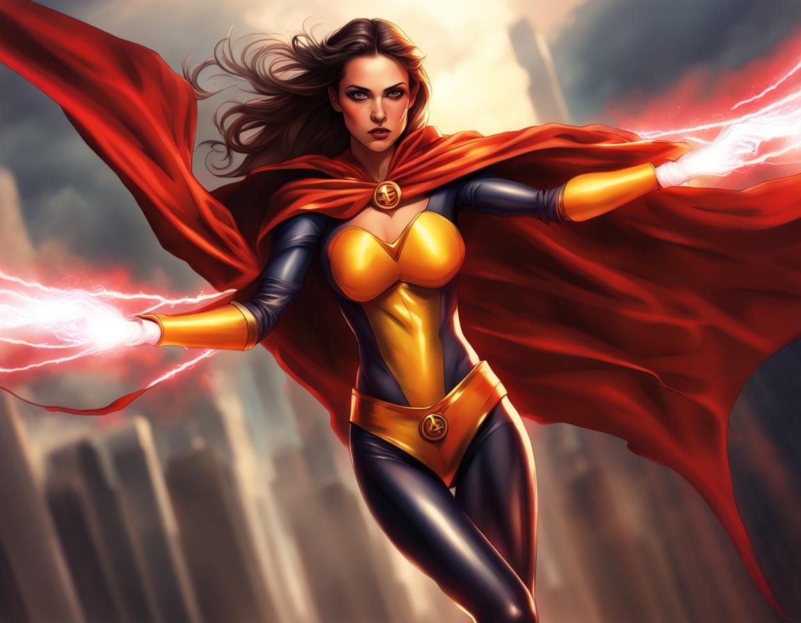 Flying Superheroine with Laser Eyes in Fantasy Art