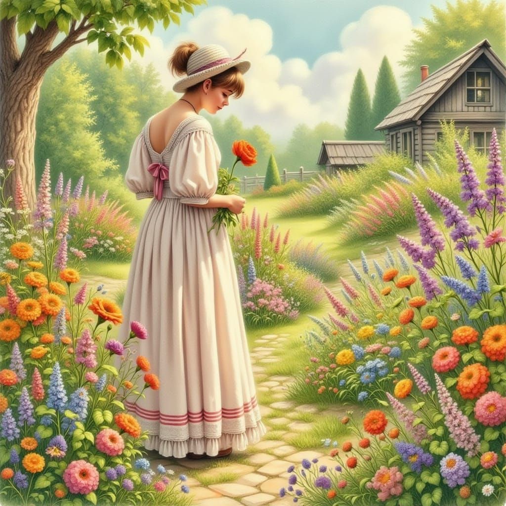Woman in Garden as Whimsical Illustration