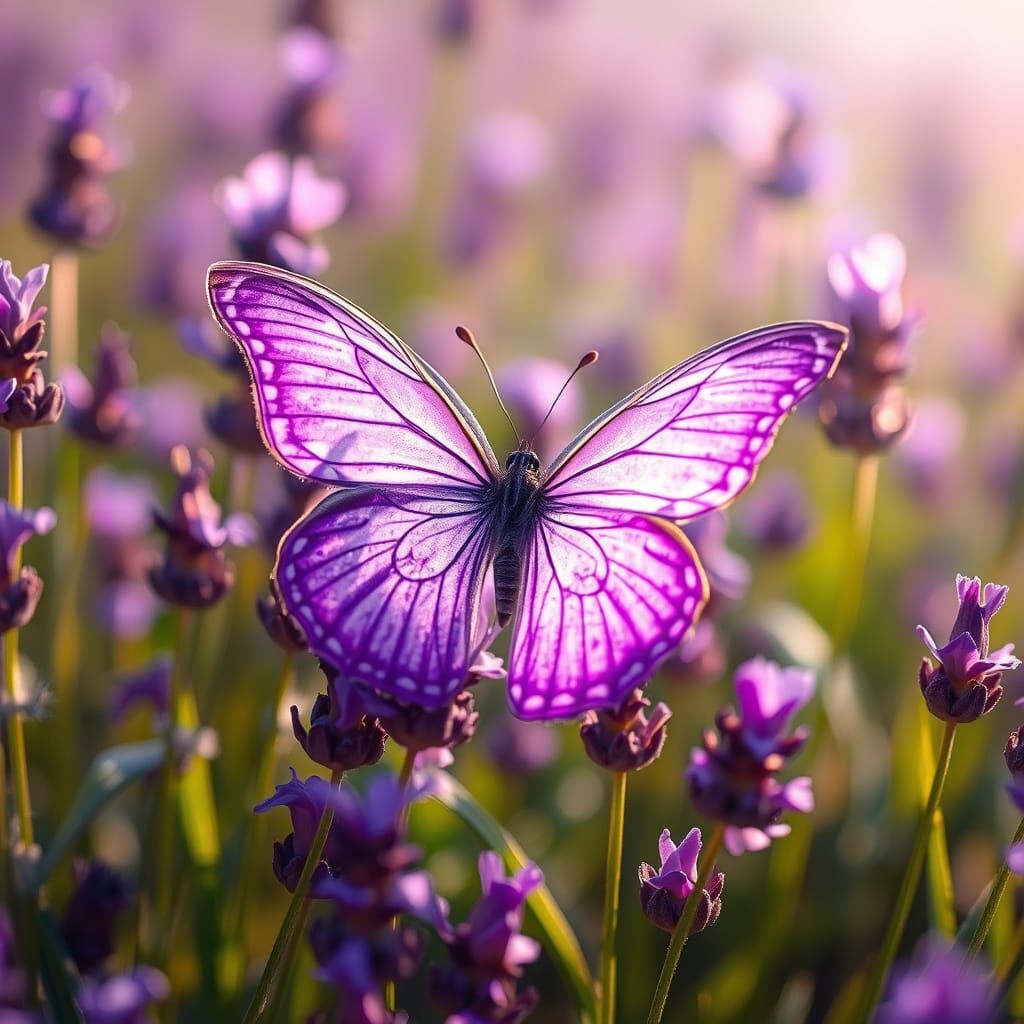 Iridescent Butterfly in Lavender Field: Dreamy Digital Art