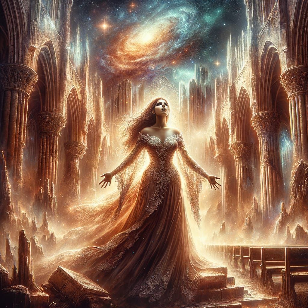 Soprano Between Cathedral Ruins and Cosmic Nebula